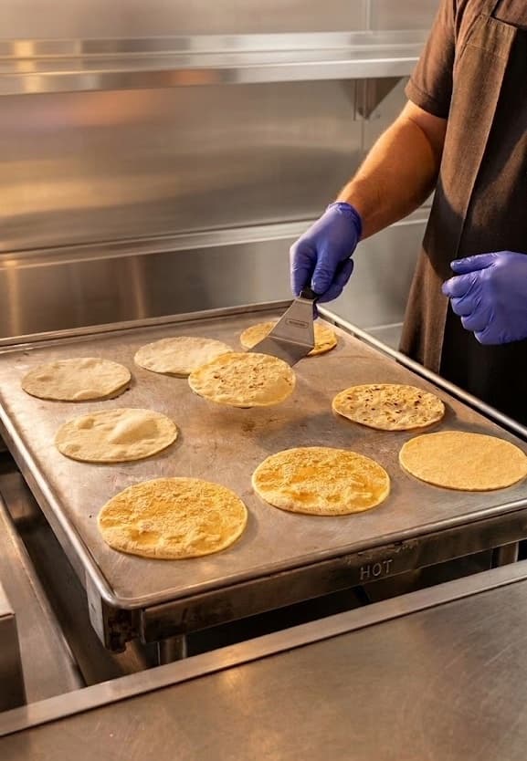 Handmade corn tortillas being pressed on the griddle